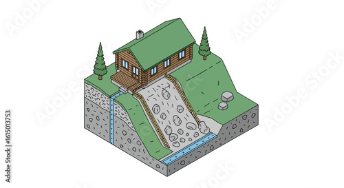 Log cabin on hillside with retaining wall and landscaping