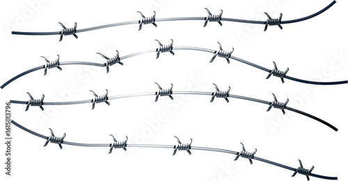 Abstract vector silhouette of sharp metal barbed wire, a dangerous barrier symbolizing prison security and border protection, isolated on white