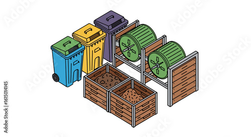 Composting system with bins and containers for recycling