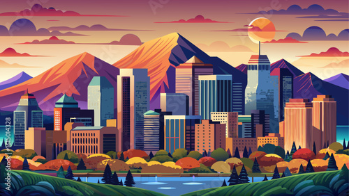 Denver, Colorado, rests at the foot of the Rockies. The city’s skyline under semi-realistic lighting rises against a mountain backdrop glowing with pink sunset hues.