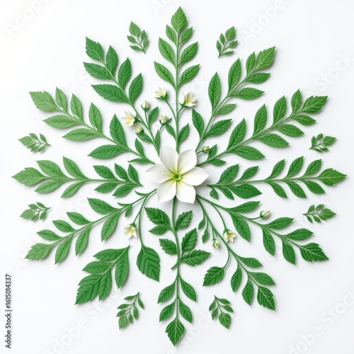 intricate leaves and blooming flowers in circular symmetry, green floral paper cut artwork isolated on pure white background