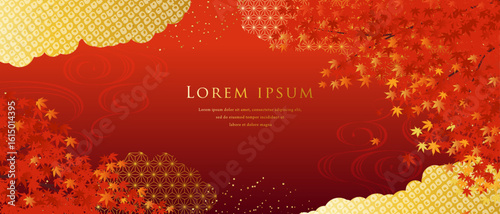 Japanese Autumn Maple Background with Gold Clouds and Traditional Pattern