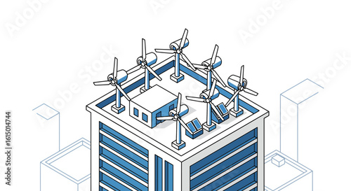 Urban building with rooftop wind turbines for sustainable energy