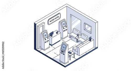 Micro hotel lobby with self-service kiosks and seating