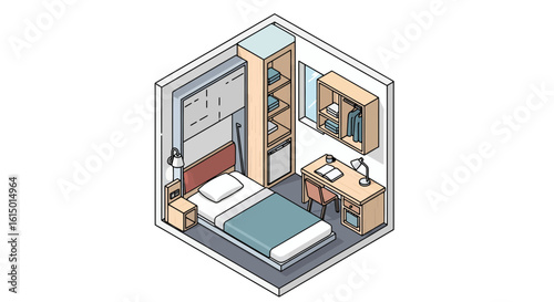 Small bedroom interior with bed desk and storage