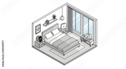 Modern bedroom interior with bed, window, and bedside tables