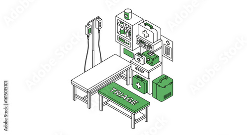 Medical triage station with equipment and first aid supplies