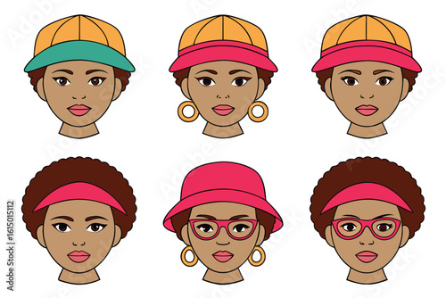 Diverse female faces hats accessories caps bucket