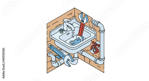 Sink plumbing repair with wrench tools in bathroom