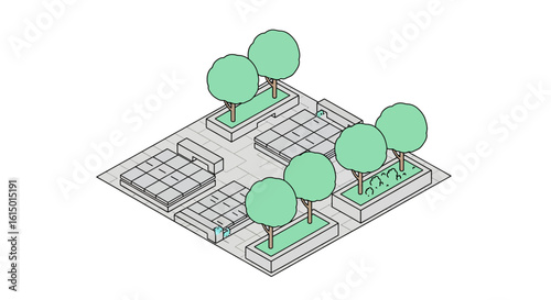 Isometric park layout with trees and planters