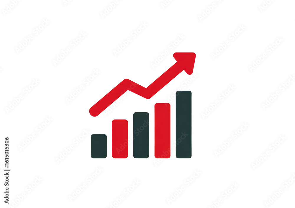 Red and dark-gray bar graph icon, upward trending Red and dark-gray bar graph icon, upward trending