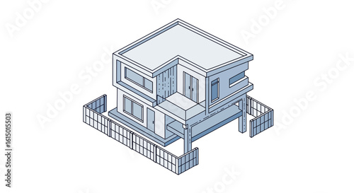 Modern house with fence isometric view architectural concept