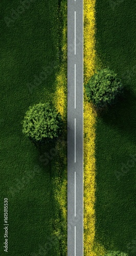 Aerial view of a road through a grassy field with trees