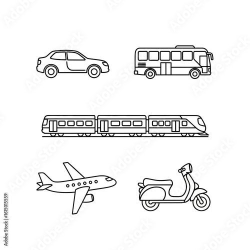 Set of five transportation icons in a simple black outline style including a car bus train airplane and scooter.