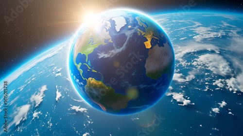 Seamless loop of Earth rotating 360 degrees in deep space, sun rays glinting across oceans, clouds swirling above continents. Planet spins gently with no visible cut or break. 
