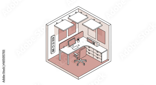 Office cubicle workspace interior isometric view