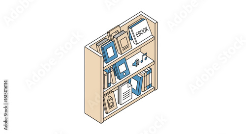 Bookshelf with books, ebook reader, and audio icons