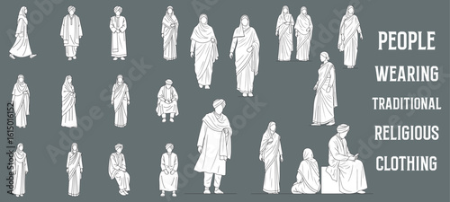 Minimal Line Vector Illustrations of People Wearing Traditional and Religious Clothing such as Hijabs, Turbans, Saris, and Robes – Outline Figures for Architectural Elevations and Cultural Design Cont