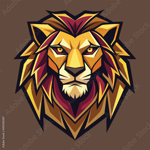 Geometric Lion Head Illustration with Strong Lines and Bold Colors on a Brown Background