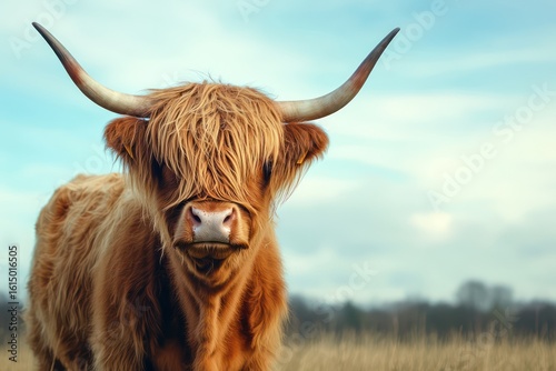 Highland Cow with Shaggy Hair and Horns Isolated on Solid Background