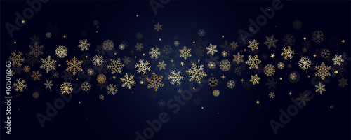 Christmas snowflakes background. Winter gold snow falling, blue minimal decoration with snow flakes and stars, greeting card. Vector illustration