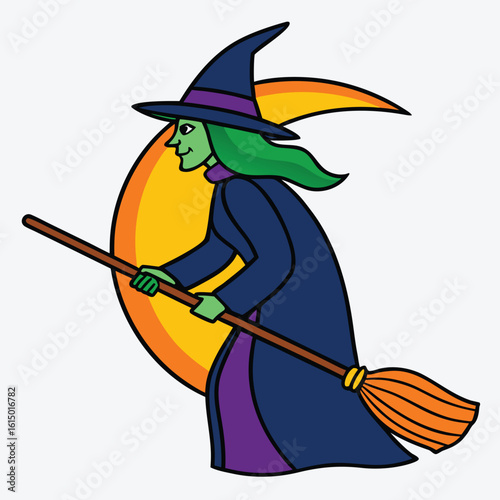 Green witch flying broomstick crescent moon halloween