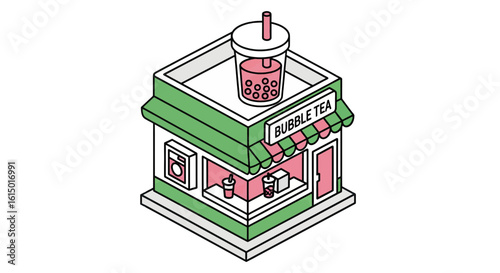 Bubble tea shop isometric building with drink