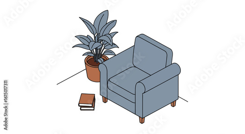 Armchair, plant, books, cozy corner, indoor still life