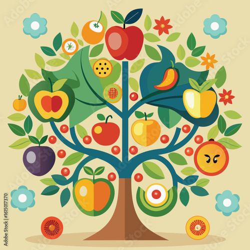 Stylized Fruit Tree Illustration with Apples Oranges Plums and Flowers on a Beige Background