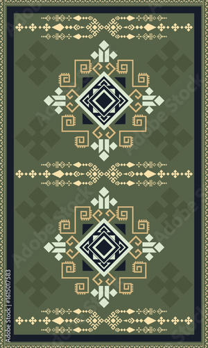 Seamless vector pattern of a traditional tribal rug design in earthy green, beige, and navy tones. Features geometric symmetry.