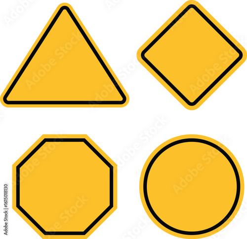 The image shows four yellow road signs with black borders, including a triangle, a diamond, an octagon, and a semi-circle.
