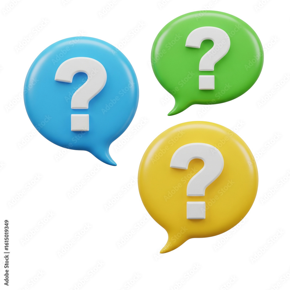 Three 3D question mark icons in blue green and yellow speech bubbles isolated on transparent background Three 3D question mark icons in blue green and yellow speech bubbles isolated on transparent background