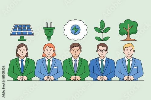 Diverse business team promoting green energy and environmental sustainability initiatives