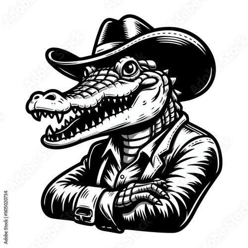 Crocodile cowboy hand draw engrave icon design black white