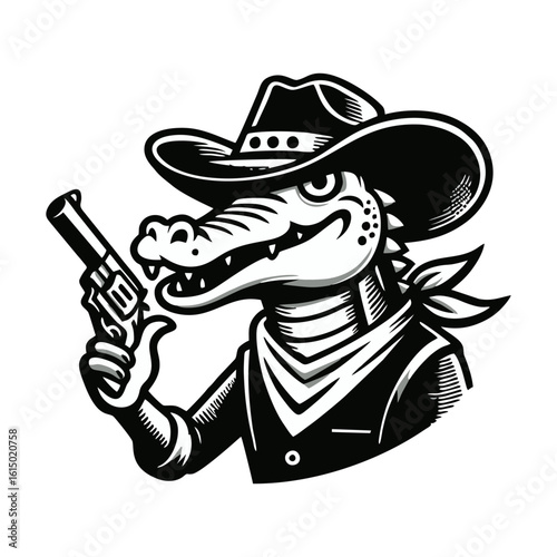 Crocodile cowboy hand draw engrave icon design black white