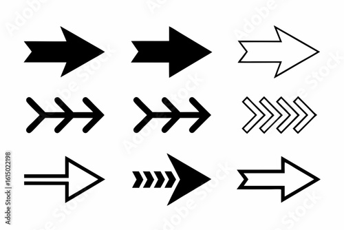 Collection of nine diverse arrow icons pointing right