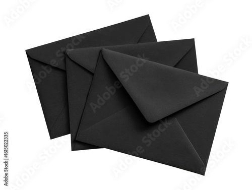 Three black envelopes layered,  dark, matte finish.  Stacked, slightly angled.  Simple, minimalist.  Focus on the texture and shape of the envelopes