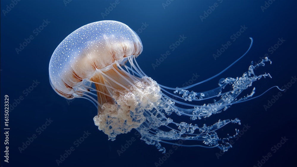Fototapeta premium Jellyfish glides gracefully in clear water, revealing its delicate tentacles and body.