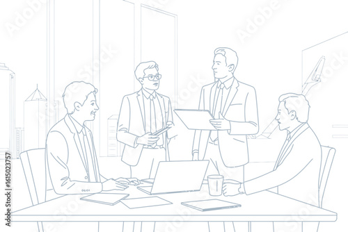 Line art illustration of business meeting with colleagues in office space