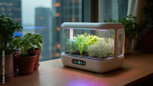 Small plant growing in a clear container on a table