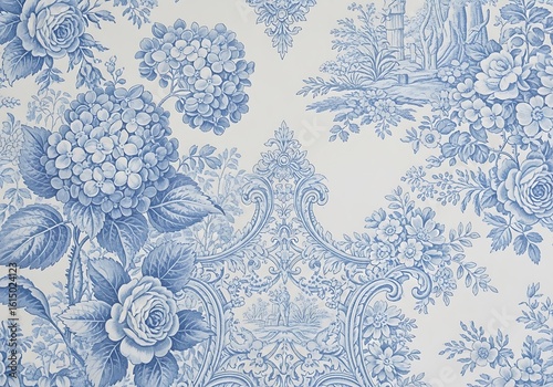 Elegant blue and white floral toile pattern reminiscent of classic French textiles