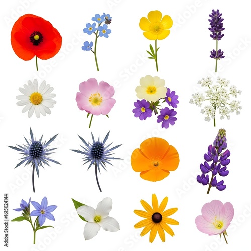 Isolated Assortment of Various Wildflowers on a White Background
