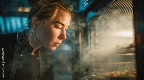 Woman is looking into an oven with steam coming out of it