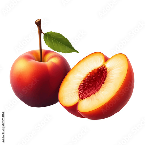 Ripe peach fruits on a twig. Vector illustration. Juicy fruits, a slice of peach and apricot, isolated on a white background. For menus, recipes, jam and juice labels