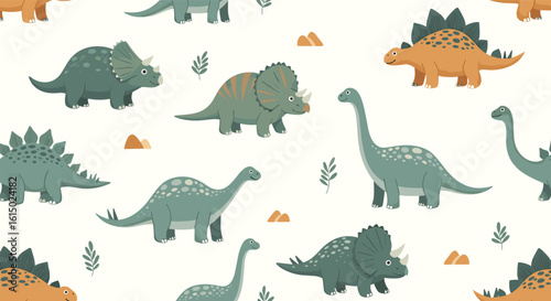 Adorable dinosaur pattern for kids featuring gentle giants and spiked herbivores roaming a pastel landscape