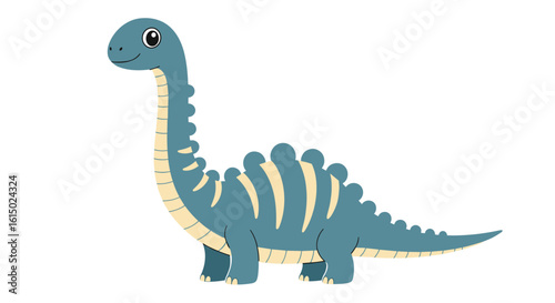 Charming blue brontosaurus dinosaur with gentle eyes and a long neck and tail roaming in a prehistoric world