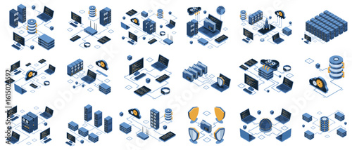 Set of isometric modern technology concept for cloud computing, datacenter, database, artificial intelligence, and blockchain technology. Isometric technology