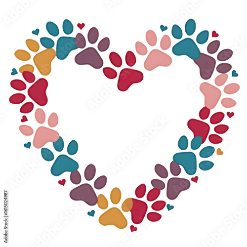 A heart shape made of colorful paw prints isolated on transparent background