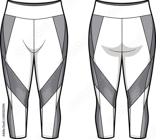 Women’s color block leggings, geometric panel activewear, sporty high waist yoga pants, mesh detail, flat sketch, cad drawing flat vector illustration