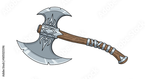 Epic double headed battle axe with ornate design and warrior handle forged from steel